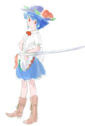 Rule 34 | 1girl, alternate hair length, alternate hairstyle, arm rest, blouse, blue hair, blue skirt, boots, brown footwear, cowboy boots, food, fruit, full body, hat, hat ornament, highres, hinanawi tenshi, katana, looking at viewer, motsuni (artist), peach, red eyes, sheath, sheathed, shirt, short hair, simple background, sketch, skirt, solo, sword, touhou, weapon, white background, aged down