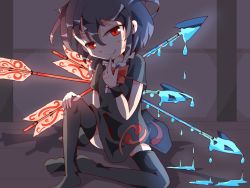 Rule 34 | 1girl, arrow (projectile), black dress, black hair, bow, closed mouth, commentary request, dress, dripping, finger to mouth, full body, glowing, hand on own knee, houjuu nue, keikou ryuudou, medium hair, red bow, red eyes, shadow, sitting, solo, thighhighs, tomoe (symbol), touhou, zettai ryouiki