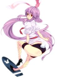 Rule 34 | 1girl, amami amayu, animal ears, blush, female focus, fishnet thighhighs, fishnets, from behind, long hair, looking at viewer, looking back, necktie, oekaki, purple hair, rabbit ears, red eyes, red necktie, reisen udongein inaba, simple background, solo, tail, thighhighs, touhou, white background