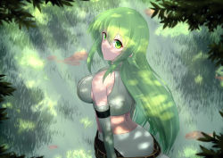 Rule 34 | 1girl, back, bare shoulders, breasts, dappled sunlight, detached sleeves, female focus, grass, green eyes, green hair, jogie (artist), large breasts, light rays, long hair, looking at viewer, looking back, matching hair/eyes, original, solo, sunbeam, sunlight, tree