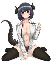 Rule 34 | 1girl, black hair, black horns, black panties, black thighhighs, blunt bangs, blunt ends, blush, bob cut, breasts, cleavage, closed mouth, commentary, dragon girl, dragon horns, dragon tail, dress shirt, full body, half-closed eyes, highres, horns, kabochima, large breasts, light frown, long sleeves, looking at viewer, navel, neck ribbon, no pants, original, panties, red eyes, red ribbon, ribbon, shirt, short hair, simple background, sitting, solo, spread legs, tail, thighhighs, underwear, wariza, white background, white shirt, white thighhighs, wing collar