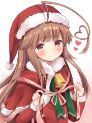 Rule 34 | 10s, 1girl, ahoge, bad id, bad twitter id, bell, blush, brown eyes, brown hair, capelet, commentary request, fur-trimmed capelet, fur trim, gradient background, hat, heart, heart ahoge, highres, huge ahoge, kantai collection, kuma (kancolle), long hair, masayo (gin no ame), matching hair/eyes, pink background, ribbon, santa costume, santa hat, smile, solo, upper body, white background