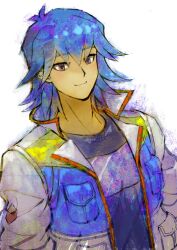 Rule 34 | 1boy, blue hair, blue shirt, breast pocket, bruno (yu-gi-oh!), high collar, highres, jacket, male focus, open clothes, open jacket, paper texture, pocket, purple eyes, shirt, short hair, simple background, smile, solo, t-shirt, white background, youko-shima, yu-gi-oh!, yu-gi-oh! 5d&#039;s