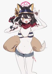 Rule 34 | 1girl, 3j dangan, :d, animal ear fluff, animal ears, bikini, blue archive, blue shorts, blush, brown hair, double fox shadow puppet, fang, flower, fox ears, fox shadow puppet, fox tail, hair flower, hair ornament, halo, highleg, highleg bikini, highres, izuna (blue archive), izuna (swimsuit) (blue archive), looking at viewer, navel, official alternate costume, one eye closed, one side up, open mouth, red scarf, scarf, short shorts, shorts, simple background, skin fang, smile, solo, stomach, swimsuit, tail, visor cap, white background, yellow eyes, yellow flower