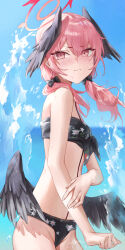 Rule 34 | 1girl, absurdres, bikini, black bikini, black ribbon, black wings, blue archive, blush, breasts, feathered wings, floral print, from side, hair ribbon, halo, hand on own arm, head wings, highres, koharu (blue archive), koharu (swimsuit) (blue archive), looking at viewer, low wings, medium hair, official alternate costume, pink eyes, pink hair, pink halo, ribbon, shalink, sidelocks, simple background, small breasts, solo, swimsuit, twintails, water, wavy mouth, wings