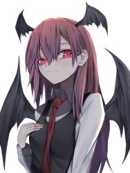 Rule 34 | 1girl, bat wings, black vest, breasts, closed mouth, eyebrows hidden by hair, hair behind ear, hair between eyes, hand on own chest, head wings, highres, koakuma, light blush, light smile, long hair, long sleeves, looking to the side, necktie, red eyes, red hair, red necktie, simple background, small breasts, solo, touhou, tsune (tune), upper body, vest, white background, wing collar, wings