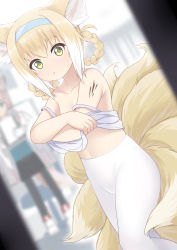 Rule 34 | 2girls, :o, absurdres, animal ear fluff, animal ears, arknights, bare shoulders, black legwear, black skirt, blonde hair, blue hairband, blurry, blurry background, braid, braided hair rings, brown hair, caibao return, camisole, collarbone, commentary request, depth of field, fox ears, fox tail, green eyes, hair between eyes, hair rings, hairband, highres, indoors, kitsune, kyuubi, looking at viewer, material growth, multicolored hair, multiple girls, multiple tails, navel, no pants, oripathy lesion (arknights), pantyhose, parted lips, shirt, skirt, solo focus, sussurro (arknights), suzuran (arknights), tail, twin braids, two-tone hair, undressing, white camisole, white hair, white legwear, white shirt