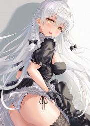 Rule 34 | 1girl, absurdres, ass, azur lane, bad id, bad pixiv id, black bow, black dress, black gloves, black thighhighs, blush, bow, braid, breasts, chain, clothes lift, commentary request, dress, dress lift, fingerless gloves, flat ass, frilled dress, frills, from side, gloves, grey background, hair between eyes, hair bow, hair ornament, hamstarhand, hat, hermione (azur lane), highres, large breasts, lifted by self, long hair, looking at viewer, maid, nurse cap, open mouth, panties, shadow, short sleeves, skindentation, solo, teeth, thighhighs, twin braids, underwear, upper teeth only, white background, white hair, white panties