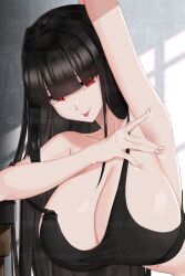 Rule 34 | 1girl, absurdres, arm up, armpits, bare arms, bare shoulders, black hair, black shirt, blunt bangs, breasts, camisole, closed mouth, commission, crop top, hair intakes, highres, large breasts, leaning forward, long hair, looking at viewer, no bra, original, qureniim, red eyes, shirt, sleeveless, sleeveless shirt, smile, solo, spread armpit, strap slip, tongue, tongue out, upper body, very long hair