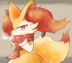 Rule 34 | 1girl, absurdres, animal ear fluff, animal ears, animal nose, body fur, braixen, breath, brown background, clothed pokemon, covered mouth, creatures (company), female focus, flat chest, fox ears, fox girl, fox tail, fur-trimmed gloves, fur trim, furry, furry female, game freak, gen 6 pokemon, gloves, highres, looking at viewer, nintendo, pokemon, pokemon (creature), red eyes, red gloves, red scarf, san (sanchimpo), scarf, simple background, snout, solo, standing, stick, tail, two-tone fur, upper body, white fur, winter clothes, yellow fur