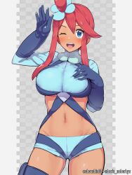 Rule 34 | 1girl, blue eyes, boris (noborhys), breasts, creatures (company), game freak, highres, large breasts, nintendo, pokemon, pokemon bw, pouch, red hair, skyla (pokemon), solo, thigh pouch