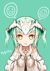 Rule 34 | 1girl, blvefo9, brown eyes, dress, gloves, green background, green hair, hands up, headpiece, long sleeves, looking at viewer, original, parted lips, sidelocks, simple background, solo, spoken expression, twintails, twitter username, upper body, white dress, white gloves