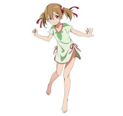 Rule 34 | 10s, 1girl, barefoot, brown eyes, brown hair, collarbone, full body, hair between eyes, hair ornament, hair ribbon, long hair, looking at viewer, red ribbon, ribbon, short hair, silica, simple background, solo, standing, sword art online, tunic, white background