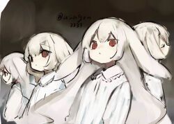 Rule 34 | 4girls, :&lt;, animal ears, dark background, dress, expressionless, from below, lace-trimmed collar, lace trim, long hair, long sleeves, looking at viewer, looking to the side, lop rabbit ears, multiple girls, original, rabbit ears, red eyes, shirokujira, sidelocks, sideways glance, signature, twitter username, white dress, white hair