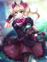 Rule 34 | 1girl, :q, animal ears, black cat d.va, black gloves, black pantyhose, blonde hair, bow, breasts, brown skirt, cat ears, cleavage, cleavage cutout, clothing cutout, corset, d.va (overwatch), earrings, floating hair, frilled skirt, frills, gigamessy, gloves, gothic lolita, hair bow, heart, heart earrings, jewelry, lolita fashion, long hair, medium breasts, overwatch, overwatch 1, pantyhose, purple bow, short sleeves, skirt, solo, tongue, tongue out, twintails, yellow eyes
