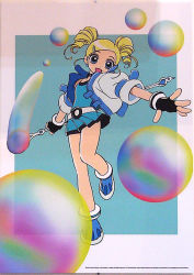 Rule 34 | 00s, 1girl, :d, black gloves, blonde hair, blue background, blue eyes, blue footwear, blue shirt, blue skirt, bubble, concept art, drill hair, fingerless gloves, full body, gloves, goutokuji miyako, hair ornament, hairclip, jacket, looking at viewer, name connection, object namesake, open mouth, pleated skirt, powerpuff girls, powerpuff girls z, rolling bubbles, scan, shirt, shoes, short hair, skirt, smile, solo, staff, standing, standing on one leg, twin drills