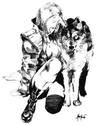 Rule 34 | 1girl, animal, artbook, boots, breasts, cleavage, coat, greyscale, hair over one eye, large breasts, metal gear (series), metal gear solid, monochrome, official art, scan, shinkawa youji, sniper wolf, solo, wolf