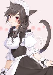 Rule 34 | 1girl, absurdres, animal ears, black hair, cat ears, cat tail, dated, facial mark, final fantasy, final fantasy xiv, highres, maid, maid headdress, miqo&#039;te, red eyes, signature, slit pupils, tail, whisker markings, wrist cuffs, yana mori