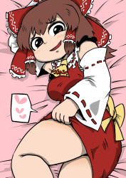 Rule 34 | 1girl, ascot, blouse, blush, bow, breasts, brown eyes, brown hair, commentary request, cookie (touhou), detached sleeves, feet out of frame, frilled bow, frilled hair tubes, frills, hair bow, hair tubes, hakurei reimu, heart, kanna (cookie), large breasts, long hair, looking at viewer, nicetack, open mouth, red shirt, red skirt, ribbon-trimmed sleeves, ribbon trim, sarashi, shirt, skirt, sleeveless, sleeveless shirt, smile, solo, touhou, white sleeves, yellow ascot, yellow bow