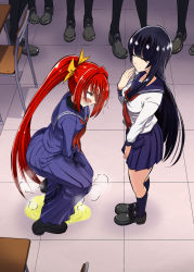 Rule 34 | 6+girls, absurdres, between legs, black footwear, black hair, black socks, blue legwear, blue sailor collar, blue shirt, blunt bangs, blush, breasts, chair, character request, classroom, clenched hand, closed eyes, closed mouth, desk, embarrassed, flying sweatdrops, from above, full body, hair ribbon, hand between legs, hand up, happy, have to pee, highres, higuhigu2, indoors, kneehighs, light blush, long hair, long sleeves, looking at another, miniskirt, multiple girls, neckerchief, nose blush, orange ribbon, pantyhose, peeing, peeing self, pleated skirt, ponytail, puddle, red hair, red neckerchief, ribbon, sailor collar, school desk, school uniform, serafuku, shiny skin, shirt, shoes, sideways mouth, skirt, small breasts, smile, socks, standing, steam, sweat, very long hair, wet, wet clothes, white shirt, yellow eyes