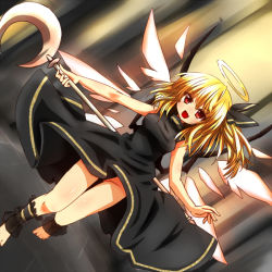 Rule 34 | 1girl, alternate costume, ankle ribbon, bare arms, barefoot, black dress, blonde hair, cosplay, crossover, dress, etheral queen, etheral queen (cosplay), fang, flandre scarlet, groin, hair ribbon, halo, leg ribbon, looking at viewer, md5 mismatch, misoshiru (meridianchild312), no panties, open mouth, red eyes, ribbon, side ponytail, sleeveless, sleeveless dress, smile, solo, staff, star ocean, touhou, trait connection, upskirt, valkyrie profile (series), walking, wings