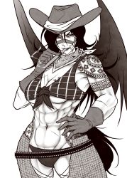 Rule 34 | 1girl, abs, adapted costume, belt, biceps, bikini, black hair, breasts, bridle, bullet, chaps, cigar, cleavage, commentary request, cowboy hat, cowboy shot, front-tie bikini top, front-tie top, gloves, greyscale, hat, highres, horse tail, kurokoma saki, long hair, looking at viewer, medium breasts, monochrome, muscular, muscular female, navel, open mouth, pegasus wings, plaid, plaid bikini, plaid bikini top, ryuuichi (f dragon), scar, scarf, sepia, shoulder tattoo, simple background, smoking, solo, swimsuit, tail, tattoo, touhou, underboob, white background, wings
