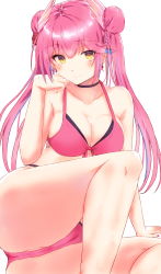 Rule 34 | 1girl, absurdres, arm support, ass, bare arms, bikini, black choker, blush, breasts, brown eyes, character request, choker, cleavage, closed mouth, commentary request, double bun, ekaki kukuma, hair bun, hair ornament, highres, long hair, looking at viewer, medium breasts, pink bikini, pink hair, shironeko project, simple background, sitting, smile, swimsuit, thighs, white background, wing hair ornament