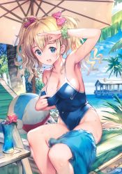 Rule 34 | 1girl, 77gl, absurdres, ahoge, arm up, armpits, artist name, ball, beach, beach umbrella, beachball, blonde hair, blue eyes, blush, bow, breasts, cleavage, competition school swimsuit, day, earrings, flower, hair bow, highres, jewelry, large breasts, looking at viewer, new school swimsuit, one-piece swimsuit, open mouth, original, outdoors, salute, school swimsuit, scrunchie, shading eyes, sitting, smile, solo, swimsuit, swimsuit tug, towel, twintails, umbrella, water, wet, wrist scrunchie