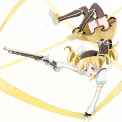 Rule 34 | 10s, 1girl, blonde hair, detached sleeves, drill hair, fingerless gloves, gloves, gun, handstand, hat, highres, kinfuji, long hair, magical girl, mahou shoujo madoka magica, mahou shoujo madoka magica (anime), one arm handstand, puffy sleeves, rifle, striped clothes, striped thighhighs, thighhighs, tomoe mami, twin drills, twintails, upside-down, vertical-striped clothes, vertical-striped thighhighs, weapon, yellow eyes