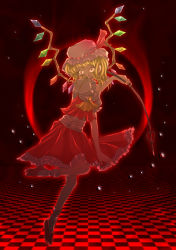Rule 34 | 1girl, checkered floor, crazy, crazy eyes, eclipse, female focus, flandre scarlet, floating, frills, glowing, hikaru (pixiv853286), laevatein, moon, moonlight, red moon, side ponytail, solar eclipse, solo, touhou, wings