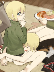 Rule 34 | 4girls, blonde hair, blue eyes, blush, chikiso, dachshund, dog, erica hartmann, food, gertrud barkhorn, glasses, hand on own hip, hug, meat, minna-dietlinde wilcke, multiple girls, nude, panties, short hair, siblings, sisters, sitting, sleeping, sleeping on person, strike witches, tray, twins, underwear, ursula hartmann, wariza, world witches series