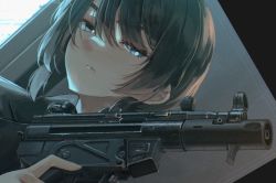 Rule 34 | 1girl, black jacket, blue eyes, closed mouth, commentary request, dreadtie, gun, h&amp;k sp5k, hair between eyes, half-closed eyes, hand up, holding, holding gun, holding weapon, jacket, looking at viewer, original, solo, thick eyebrows, trigger discipline, weapon