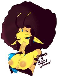 Rule 34 | 1girl, afro, antennae, arthropod girl, bee girl, big hair, black sclera, blue eyes, breast hold, breasts, brown hair, chikkibug, colored sclera, colored skin, earrings, food, food in mouth, half-closed eyes, highres, insect girl, jewelry, large breasts, messy, nipples, one eye closed, original, phallic symbol, pointy ears, popsicle, puffy nipples, queen bee (queen-chikkibug), sexually suggestive, skirt, source request, thank you, transparent background, upper body, wink, yellow skin