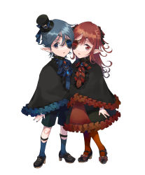 Rule 34 | 1boy, 1girl, absurdres, bad id, bad pixiv id, black bow, black capelet, black dress, black footwear, black headwear, black shorts, blue bow, blue eyes, blue hair, blue pantyhose, bow, brother and sister, brown hair, capelet, commentary request, diagonal stripes, dress, eyepatch, fang, frilled capelet, frilled dress, frills, hair between eyes, hair bow, hat, high heels, highres, kayanogura, long hair, looking at viewer, mini hat, mini top hat, one side up, original, pantyhose, parted lips, pointy ears, red bow, red eyes, red pantyhose, shoes, shorts, siblings, simple background, socks, standing, striped, striped bow, tilted headwear, top hat, twins, white background
