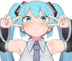 Rule 34 | 1girl, abmayo, aqua eyes, aqua hair, armpits, bare shoulders, black sleeves, blue necktie, blush, commentary request, detached sleeves, double v, emotional engine - full drive, fate/grand order, fate (series), grey shirt, hair ornament, hands up, hatsune miku, highres, long hair, looking at viewer, necktie, shirt, shoulder tattoo, simple background, sleeveless, sleeveless shirt, smile, solo, sparkle, sweat, tattoo, twintails, upper body, v, v-shaped eyebrows, vocaloid, white background