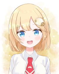 Rule 34 | 1girl, :d, blonde hair, blue eyes, blush, breasts, brown background, collared shirt, commentary, gear hair ornament, hair ornament, happy, highres, hololive, hololive english, ixia (ixia424), large breasts, looking at viewer, mustache print, necktie, open mouth, print necktie, print neckwear, red necktie, shirt, short hair, smile, solo, symbol-only commentary, teeth, upper body, upper teeth only, virtual youtuber, watson amelia, watson amelia (1st costume), white shirt