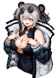 Rule 34 | 1girl, absurdres, animal ears, arknights, asymmetrical hair, bad id, bad pixiv id, black hair, blue dress, blue jacket, blush, breasts, china dress, chinese clothes, cleavage, cleavage cutout, clothing cutout, commentary, covered navel, dress, eyewear on head, fang, feater (arknights), greentree, hair between eyes, hair over one eye, hands on own chest, highres, jacket, large breasts, long hair, looking down, multicolored hair, off shoulder, open mouth, panda ears, red eyes, silver hair, simple background, sleeveless, sleeveless dress, smile, solo, streaked hair, sunglasses, sunglasses on head, thick eyebrows, two-tone hair, upper body, white background