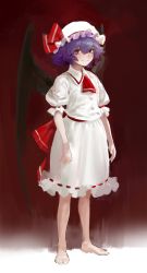 Rule 34 | 1girl, ascot, attall, barefoot, bat wings, dress, full body, hat, hat ribbon, looking at viewer, mob cap, nanbo ataru (attall), puffy sleeves, purple hair, red background, red eyes, remilia scarlet, ribbon, sash, short hair, short sleeves, smile, solo, touhou, wings