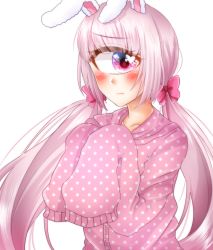 Rule 34 | 1girl, animal ears, azen (mntimcczgrtn), blush, bow, closed mouth, cyclops, gradient hair, hair bow, heart, heart in eye, long hair, long sleeves, looking at viewer, multicolored hair, one-eyed, original, pajamas, pink bow, pink hair, pink pajamas, rabbit ears, simple background, solo, symbol in eye, twintails, very long hair, white background
