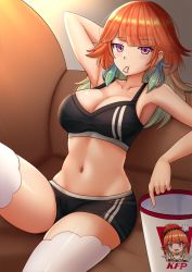 Rule 34 | 1girl, arm behind head, arm up, armpits, bare arms, bare shoulders, black shorts, brand name imitation, breasts, bucket, cartoon bone, cleavage, collarbone, commentary, couch, crop top, gradient hair, highres, hololive, hololive english, kazenokaze, kfc, long hair, looking at viewer, medium breasts, midriff, mouth hold, multicolored hair, navel, on couch, orange hair, purple eyes, reclining, short shorts, shorts, sleeveless, solo, sports bra, stomach, takanashi kiara, thighhighs, thighs, virtual youtuber, white thighhighs