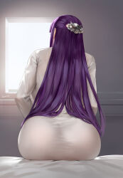 Rule 34 | 1girl, ass, brooch, commentary request, dress, easonx, fern (sousou no frieren), from behind, hair ornament, highres, indoors, jewelry, long hair, long sleeves, purple hair, sitting, solo, sousou no frieren, white dress, window