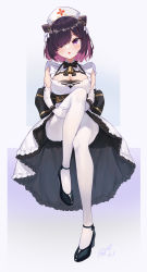 Rule 34 | 1girl, absurdres, azur lane, blush, breasts, cleavage, commentary request, detached sleeves, hair ornament, hair over one eye, hat, highres, jervis (azur lane), large breasts, leg up, medium hair, nurse cap, open mouth, pantyhose, ping zhong yu, purple eyes, shoes, simple background