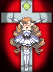 Rule 34 | 1girl, arcana heart, arcana heart 2, artist request, bare shoulders, bdsm, blue eyes, blue pupils, bondage, bound, braid, breasts, chain, cleavage, closed eyes, closed mouth, collarbone, corset, cross, crucifixion, dress, drill hair, earrings, elbow gloves, eyebrows, eyelashes, flower, gem, gloves, hair flower, hair ornament, highres, jewelry, long hair, medium breasts, necklace, orange hair, petra johanna lagerkvist, red background, rose, short dress, single hair intake, solo, strapless, strapless dress, tagme, twin braids, twin drills, white dress, white flower, white gloves, white rose