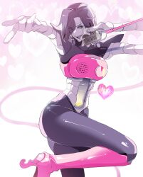 Rule 34 | 1boy, absurdres, android, black eyeshadow, black hair, colored skin, cowboy shot, eyes visible through hair, eyeshadow, hair over one eye, heart, high heels, highres, holding, holding microphone, leg up, looking at viewer, makeup, male focus, mechanical arms, mettaton, mettaton ex, microphone, music, open mouth, pink footwear, pointing, pointing at viewer, robot, shoji sakura, short hair, singing, solo, undertale, white skin