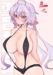 Rule 34 | 10s, 1girl, ahoge, akitsuchi shien, blush, breasts, character name, hair ribbon, heart, large breasts, long hair, looking at viewer, parted lips, purple eyes, purple hair, ribbon, senki zesshou symphogear, slingshot swimsuit, solo, strap gap, swimsuit, twintails, yukine chris