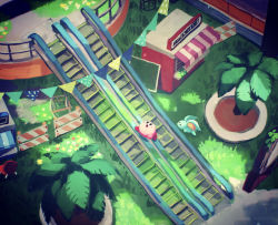 Rule 34 | abandoned, absurdres, building, day, elfilin, flag, flower, flying, grass, green fur, highres, kirby, kirby (series), kirby and the forgotten land, light, looking up, mall, nintendo, palm tree, scenery, shop, sign, stairs, suyasuyabi, tree, warning sign