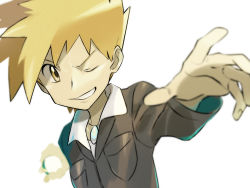 Rule 34 | 1boy, black jacket, blue oak, commentary request, creatures (company), donnpati, game freak, highres, holding, holding poke ball, jacket, jewelry, male focus, necklace, nintendo, one eye closed, orange eyes, orange hair, poke ball, pokemon, pokemon hgss, shirt, short hair, simple background, smile, solo, spiked hair, teeth, white background, white shirt