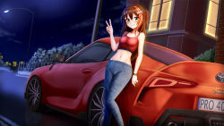 Rule 34 | 1girl, :q, bare arms, bare shoulders, blue pants, blush, brick wall, brown hair, building, car, closed mouth, commentary, commission, crop top, denim, english commentary, fence, green eyes, hair between eyes, hair ornament, hand up, highres, jeans, lamppost, license plate, long hair, midriff, motor vehicle, navel, night, original, outdoors, pants, ponytail, prophosphere, red tank top, smile, solo, sports car, tank top, tongue, tongue out, toyota, toyota supra, toyota supra mk v, v, vehicle focus, very long hair, window, wrench