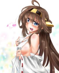 Rule 34 | 10s, 1girl, ahoge, bare shoulders, blue eyes, brown hair, detached sleeves, double bun, hair ornament, hairband, headgear, japanese clothes, kantai collection, kongou (kancolle), long hair, nontraditional miko, open mouth, partially undressed, personification, rinrin (927413), solo, upper body