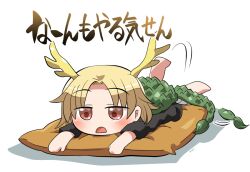 Rule 34 | 1girl, afterimage, alternate costume, antlers, barefoot, black shirt, blonde hair, blush, bored, chibi, commentary request, d:, dragon horns, dragon tail, full body, half-closed eyes, horns, kicchou yachie, lying, motion lines, on pillow, on stomach, open mouth, parted bangs, rokugou daisuke, shadow, shirt, short hair, simple background, solo, tail, touhou, turtle shell, white background